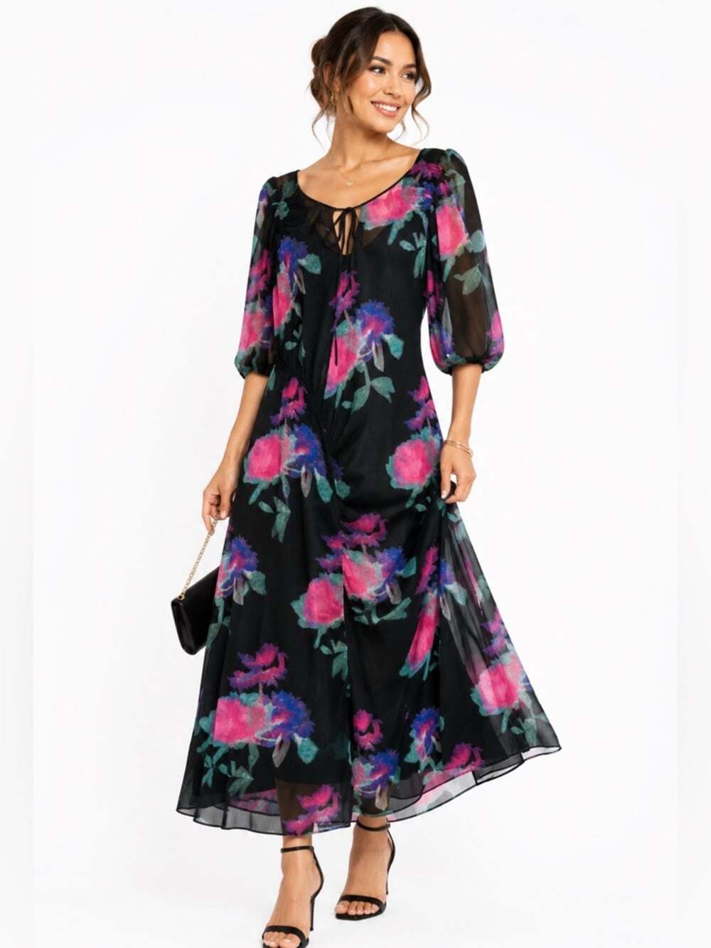 Topshop Curve Chuck On Ruched Midi Dress Size 8-10 Black Pink Floral Chiffon NWT